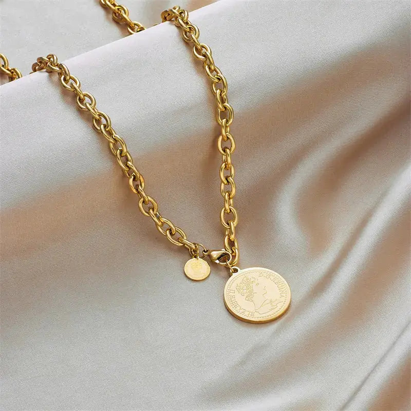 316L Sstainless Steel Plated with Gold Color Hip Hop Round Portrait Coin Necklace