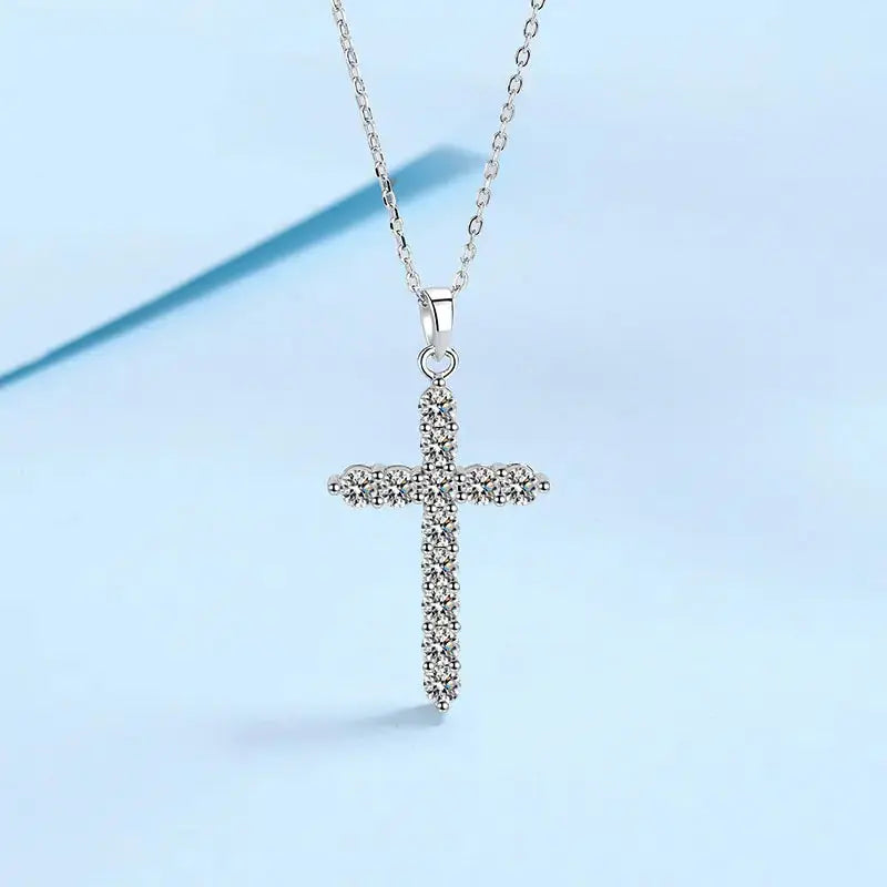 925 Sterling Silver Moissanite Diamond Cross Necklace