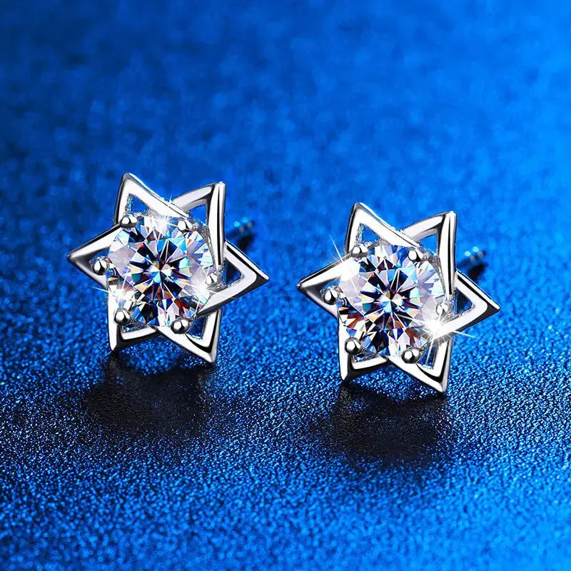 925 Sterling Silver Shinny Hexagram Moissanite Diamond Stud Earrings